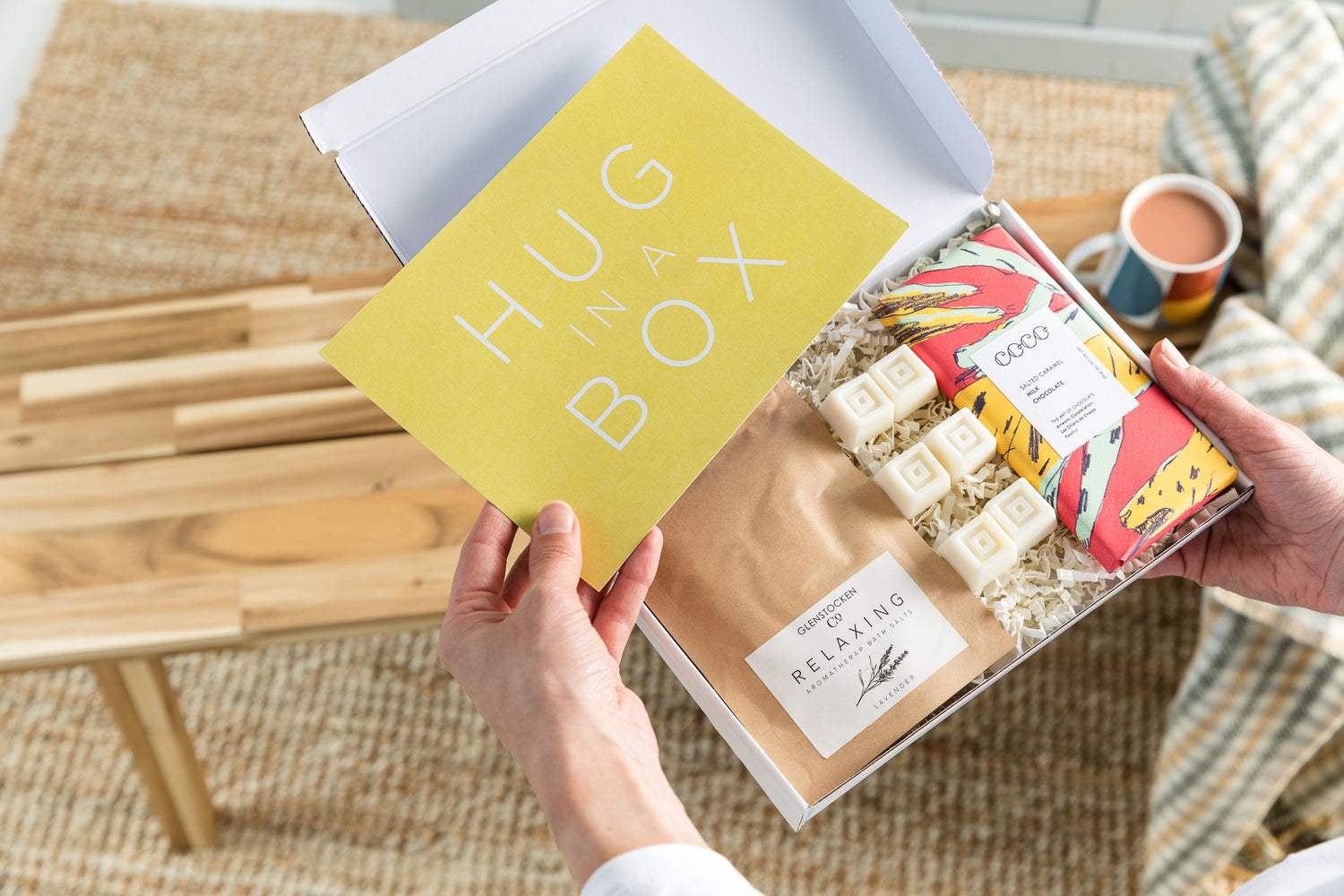 Our Hug in a Box gift box is the perfect way to give a big cuddle to someone when you are unable to be there yourself. It contains our luxury bath salts, artisan chocolate and hand-poured plant wax melts. All within a beautiful letterbox friendly box.