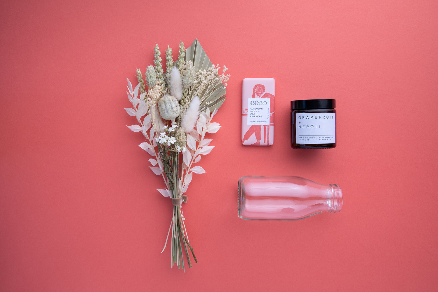 Happy Letterbox Gift Co. | Dried Flower, Vintage bottle vase, Chocolate and Candle Gift Set. Wrapped in pink tissue paper and place din our white gift box, this is an ideal birthday gift.  We can also add a hand written note to the gift card for you.