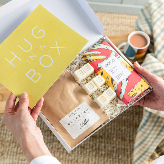 Happy Letterbox Gift Co. | Hug in a Box. Send a hug through the post with our letterbox friendly gift box filled with beautiful artisan products.  With Salted Caramel milk chocolate, relaxing bath salts in Lavender and gorgeous Bergamot and Lemongrass scented plant was melts.