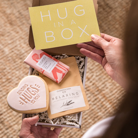 Happy Letterbox Gift Co. | Mini Hug in a Box. With artisan chocolate, bath salts in Lavender with real Lavender petals and a delicious Hug cookie, all in our gift box with gift card. We can also add a hand written message to the gift card for you.
